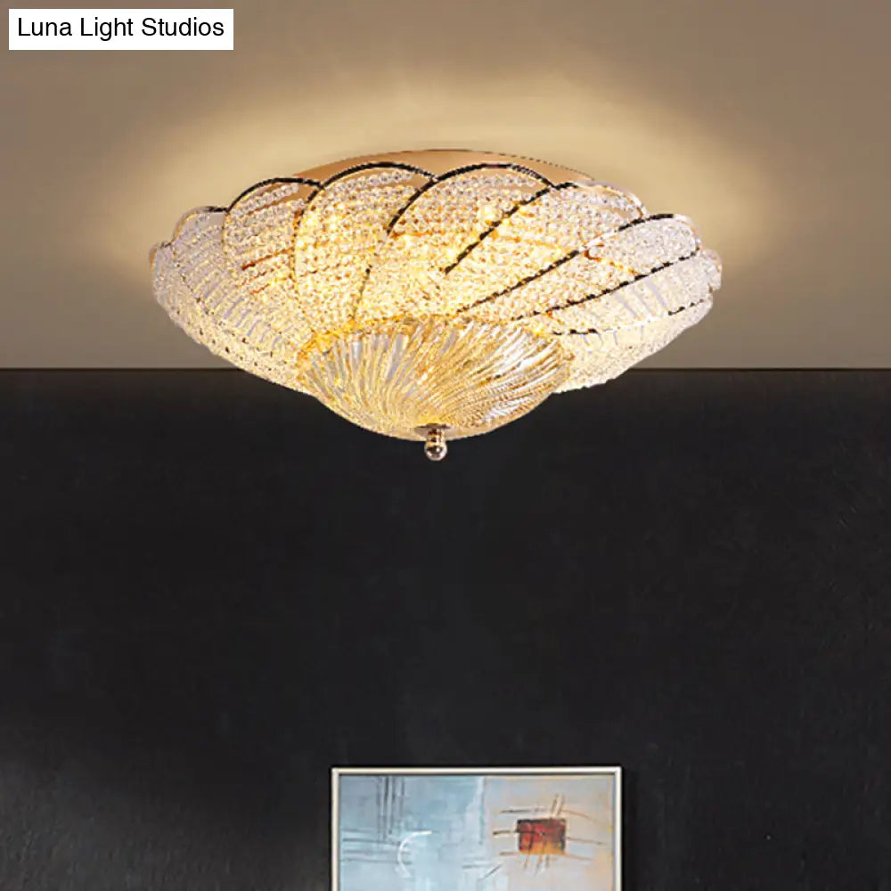 Vintage Scalloped Flush Light With Crystal Beads In Gold - 13/16.5/20.5 W Yellow/White / 13 White