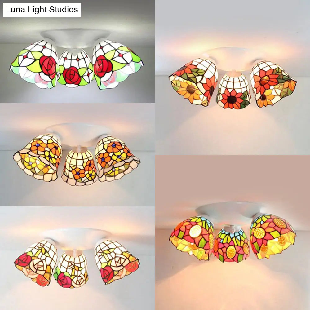 Vintage Scalloped Glass Ceiling Light With Floral Patterns And 3 Lights In White
