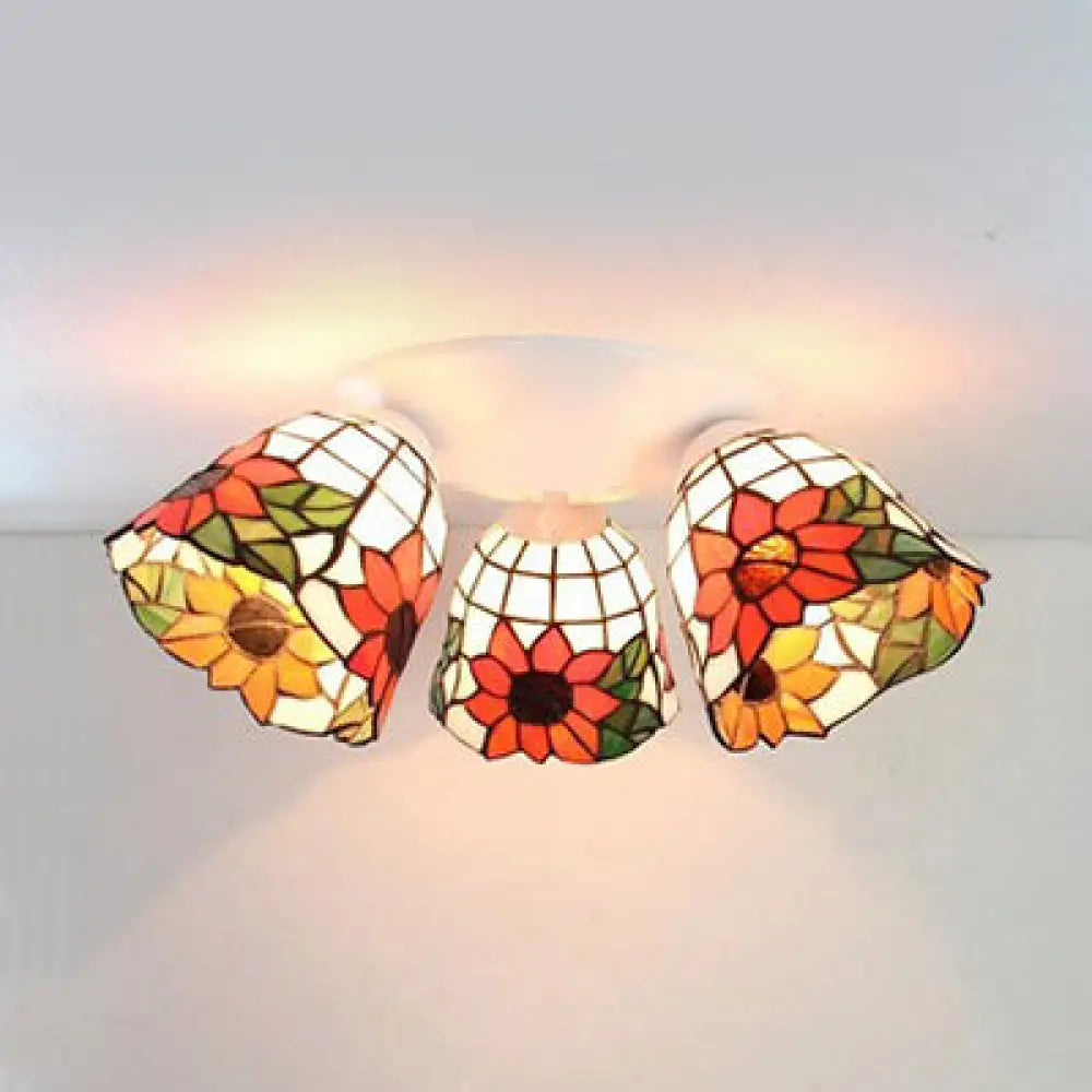 Vintage Scalloped Glass Ceiling Light With Floral Patterns And 3 Lights In White / Flower
