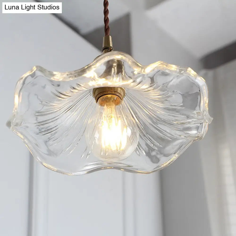 Vintage Scalloped Hanging Light Pendant With Textured Glass Shade - 1 Polished Brass Finish