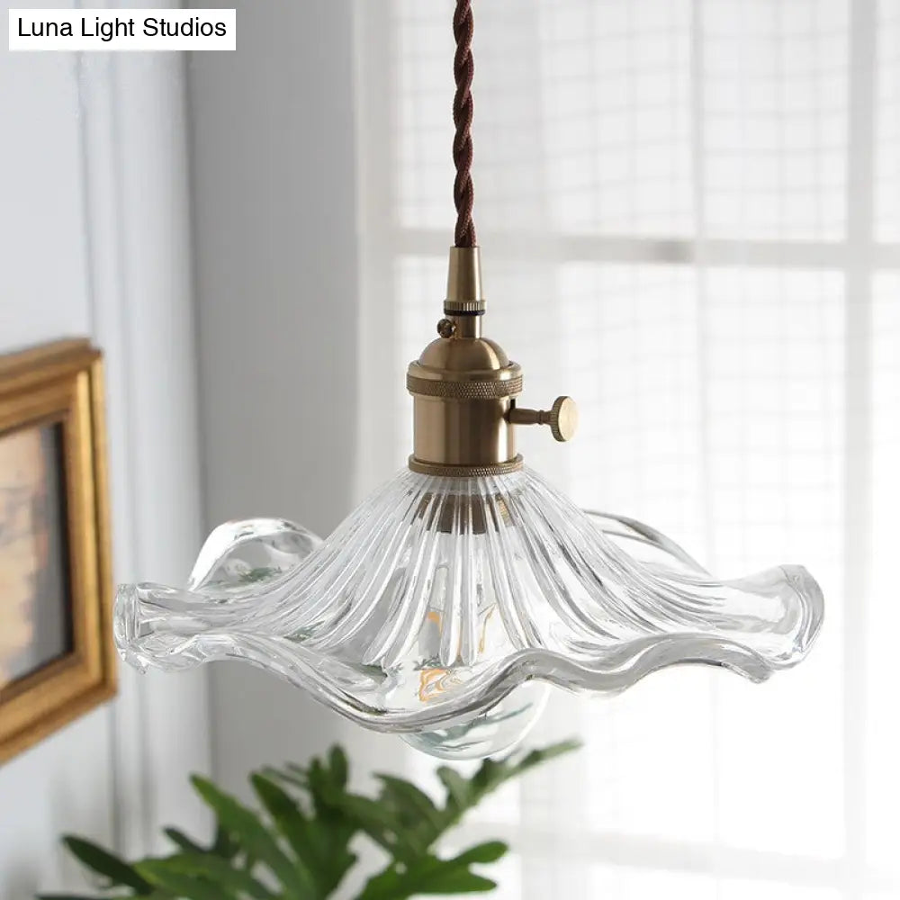 Vintage Scalloped Hanging Light Pendant With Textured Glass Shade - 1 Polished Brass Finish