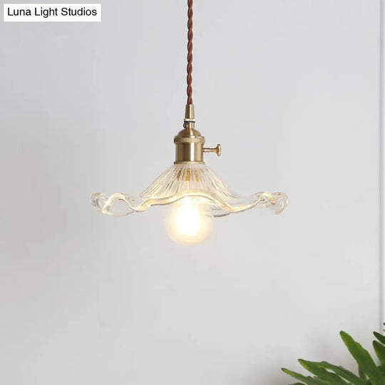 Vintage Scalloped Hanging Light Pendant With Textured Glass Shade - 1 Polished Brass Finish