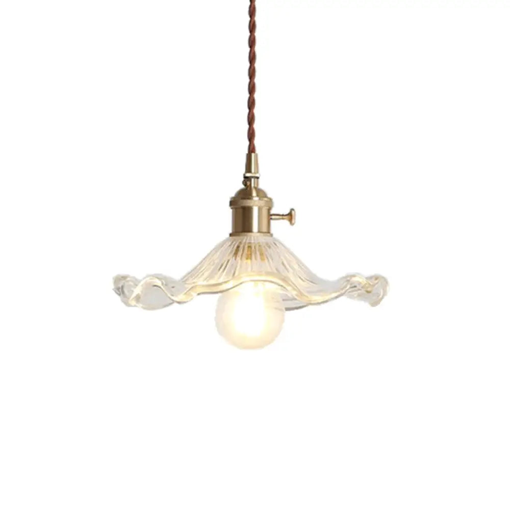 Vintage Scalloped Hanging Light Pendant With Textured Glass Shade - 1 Polished Brass Finish Clear