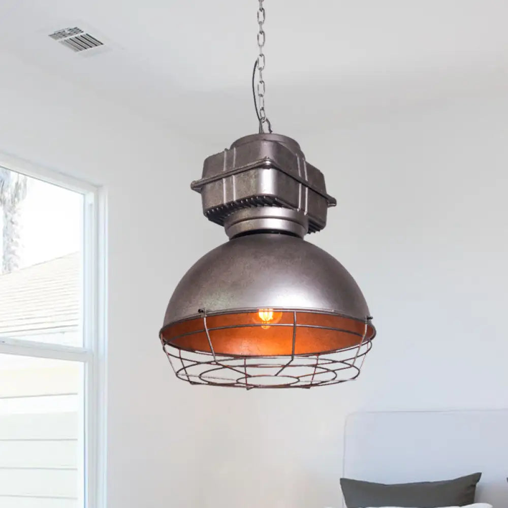 Vintage Silver Cage Pendant Ceiling Light - Metallic Hanging Lamp With Dome Shape