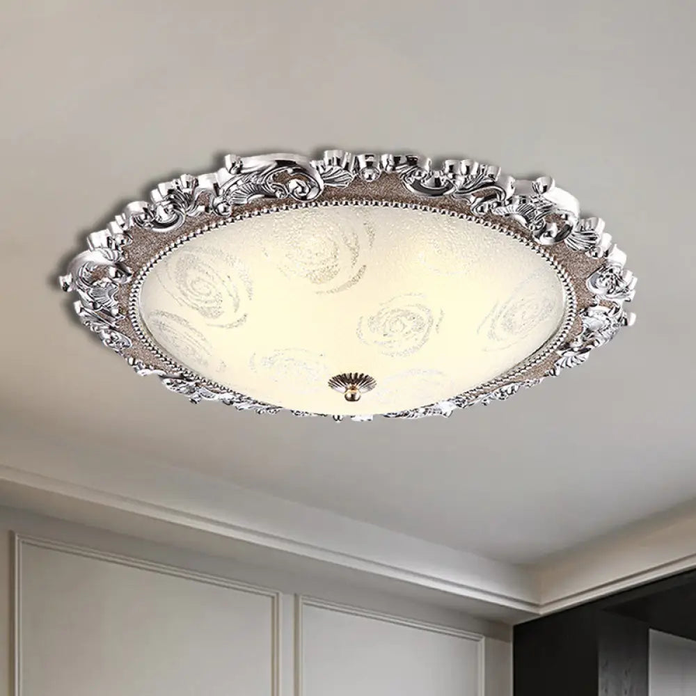 Vintage Silver Flushmount Ceiling Lamp With Frosted Glass And Led Bulbs