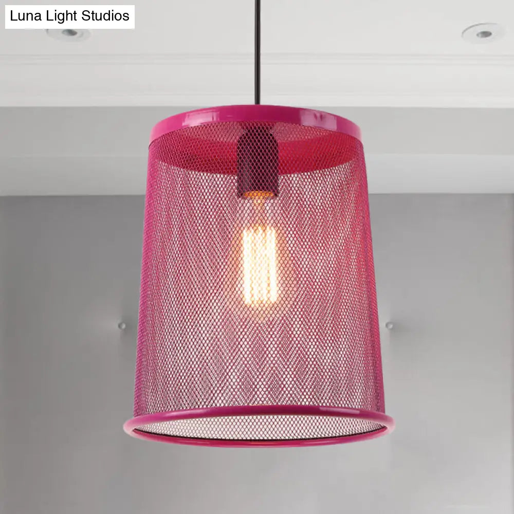 Stylish Vintage Silver/Red Cylinder Pendant Light: Hanging Lamp With Mesh Cage Shade - Ideal For