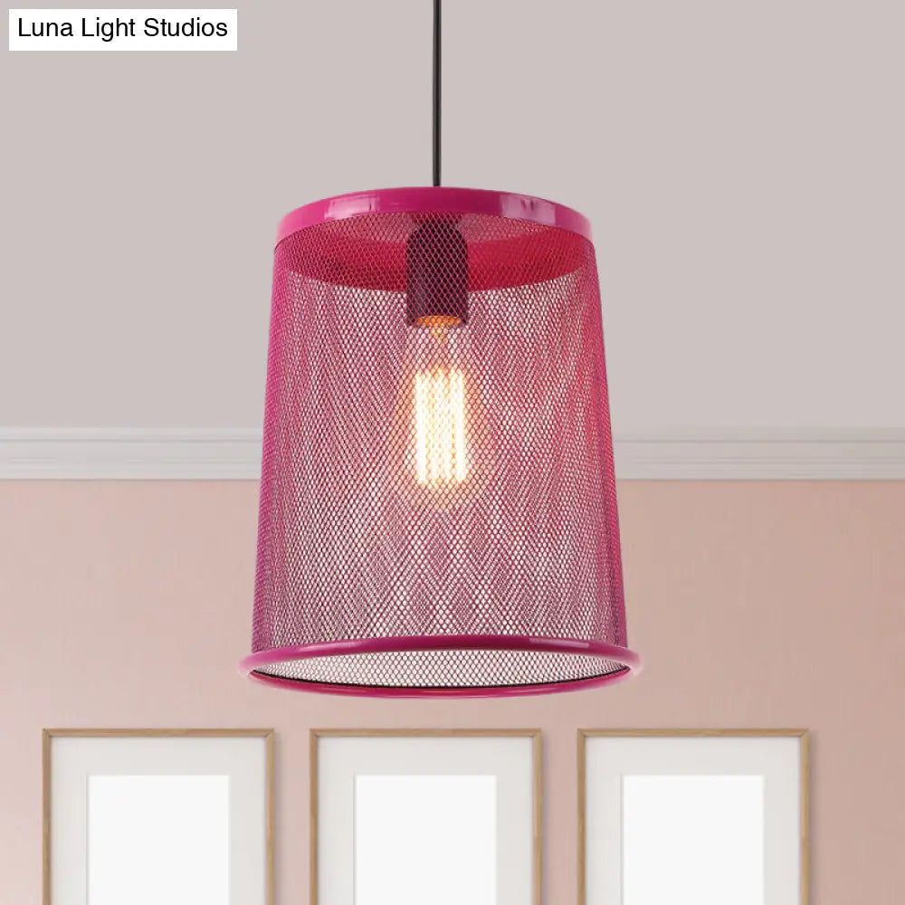 Vintage Silver/Red Cylinder Pendant Light With Mesh Cage Shade - Stylish Dining Room Hanging Lamp