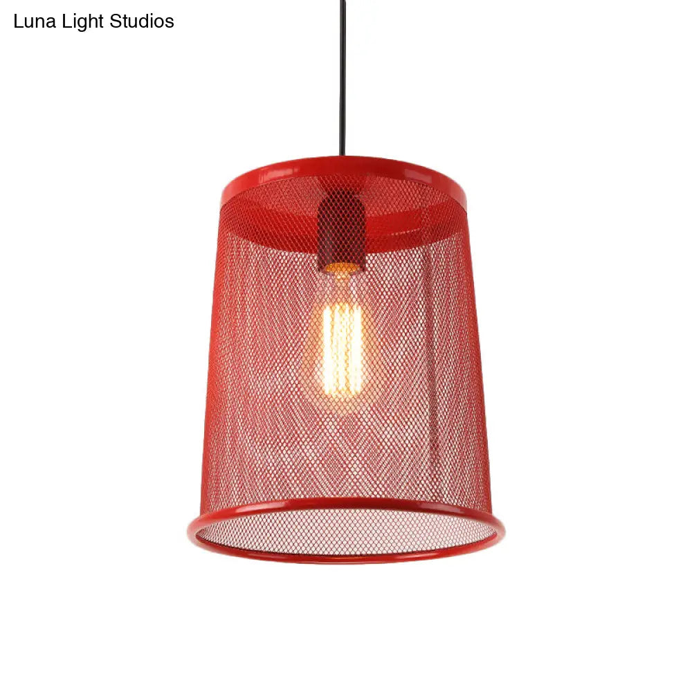 Vintage Silver/Red Cylinder Pendant Light With Mesh Cage Shade - Stylish Dining Room Hanging Lamp