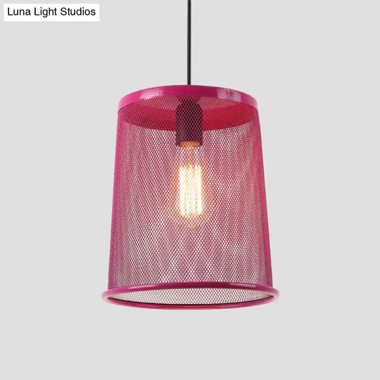 Stylish Vintage Silver/Red Cylinder Pendant Light: Hanging Lamp With Mesh Cage Shade - Ideal For
