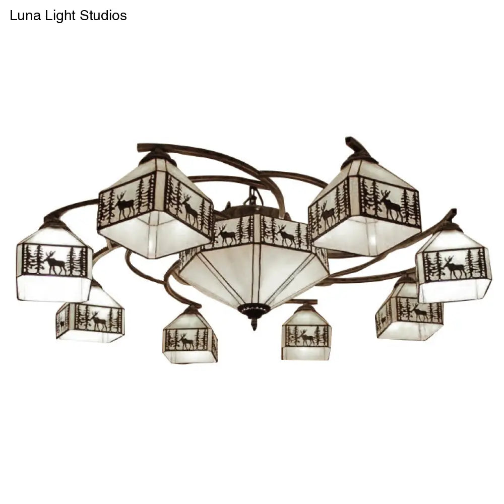 Vintage Small House Ceiling Lamp - Beige Stained Glass Chandelier