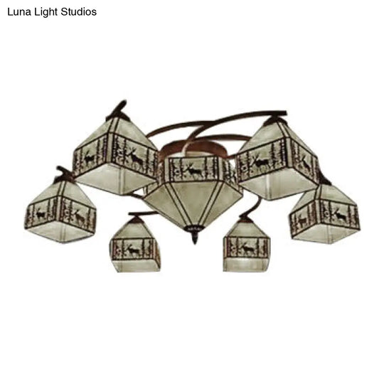 Small Vintage Industrial Stained Glass Beige Ceiling Lamp