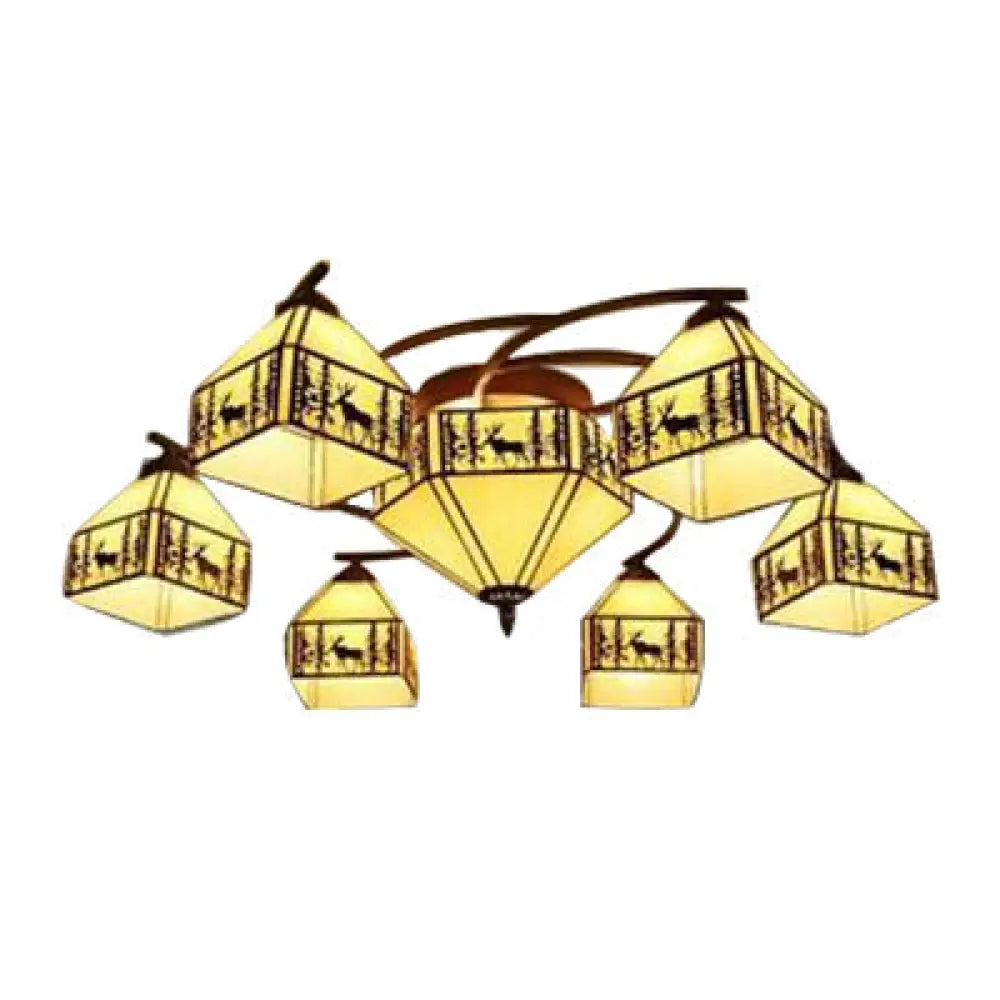 Vintage Small House Ceiling Lamp - Beige Stained Glass Chandelier 7 /