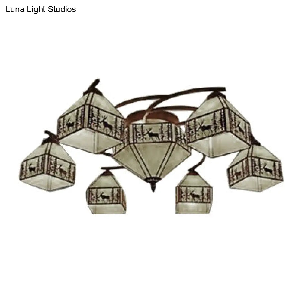 Vintage Small House Ceiling Lamp - Beige Stained Glass Chandelier