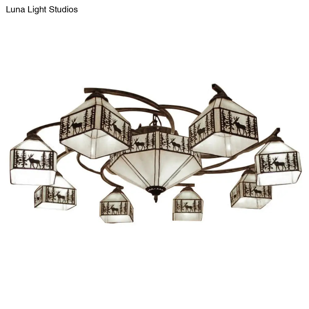 Small Vintage Industrial Stained Glass Beige Ceiling Lamp