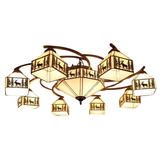 Vintage Small House Ceiling Lamp - Beige Stained Glass Chandelier 9 /