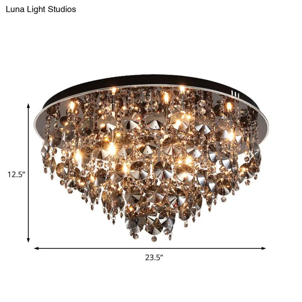 Vintage Smoke Gray Flush Mount Light With Crystal Bead Accents Warm Led Ceiling Lamp -
