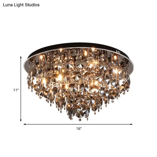 Vintage Smoke Gray Flush Mount Light With Crystal Bead Accents Warm Led Ceiling Lamp -