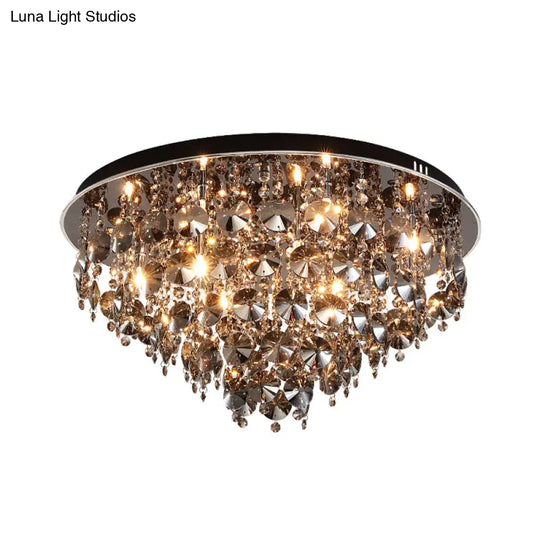 Vintage Smoke Gray Flush Mount Light With Crystal Bead Accents Warm Led Ceiling Lamp -