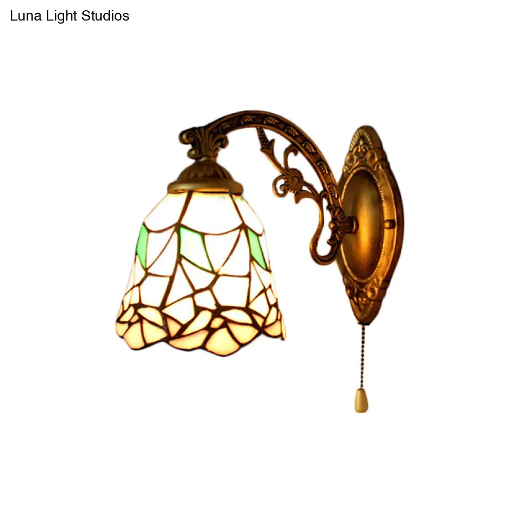 Vintage Stained Glass Bell Wall Sconce: Bedroom Lighting With Flower Pattern Beige