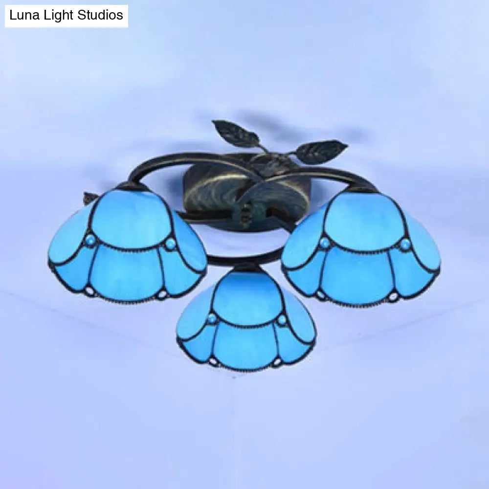 Vintage Stained Glass Bowl Ceiling Light Fixture 3 Lights Industrial Style - White/Blue/Beige
