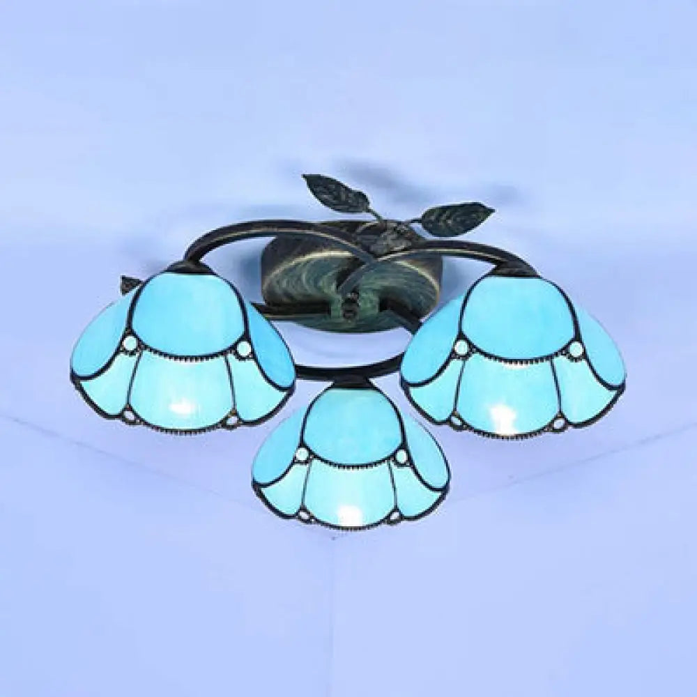 Vintage Stained Glass Bowl Ceiling Light Fixture 3 Lights Industrial Style - White/Blue/Beige Blue