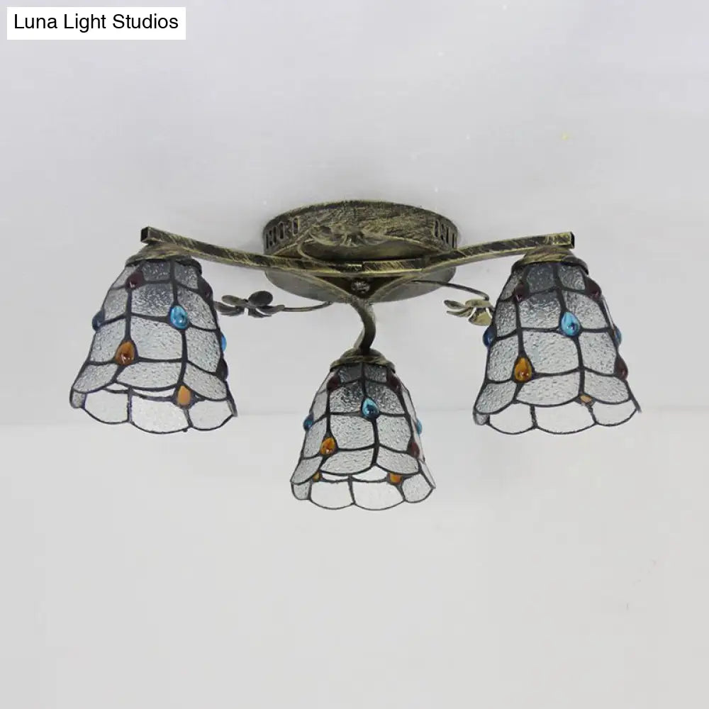 Vintage Stained Glass Ceiling Light - Conic Flushmount With Art Pattern 3 Lights