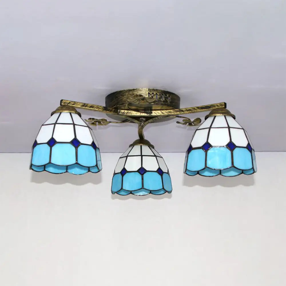 Vintage Stained Glass Ceiling Light - Conic Flushmount With Art Pattern 3 Lights Antique Bronze /