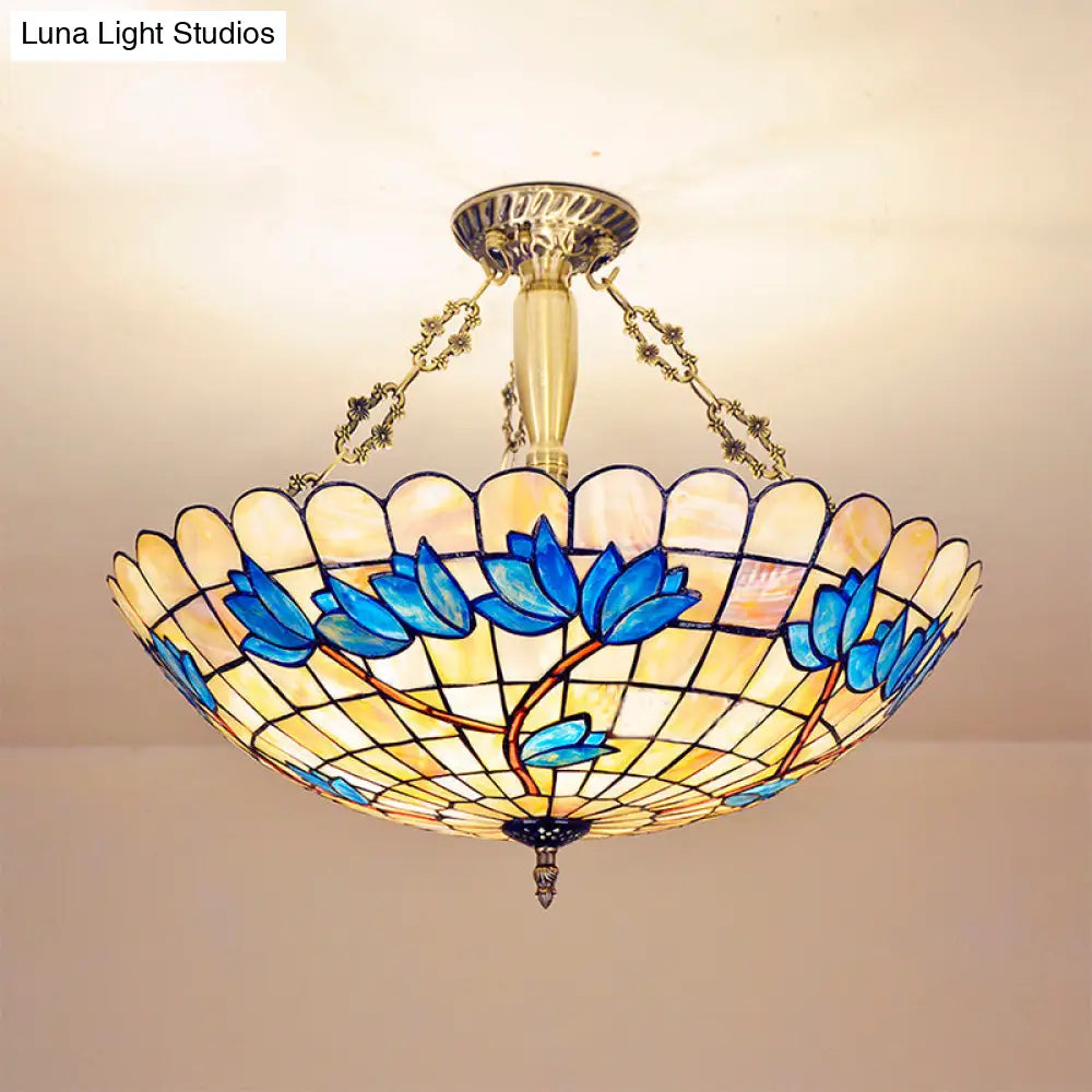 Vintage Stained Glass Ceiling Light Fixture - 4 - Light Semi Flush Mount For Dining Room Tulip