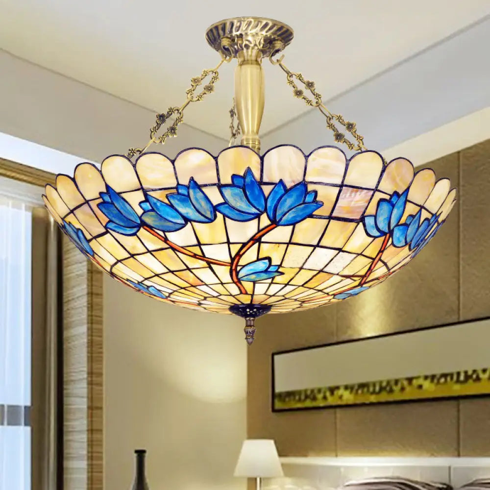 Vintage Stained Glass Ceiling Light Fixture - 4 - Light Semi Flush Mount For Dining Room Tulip
