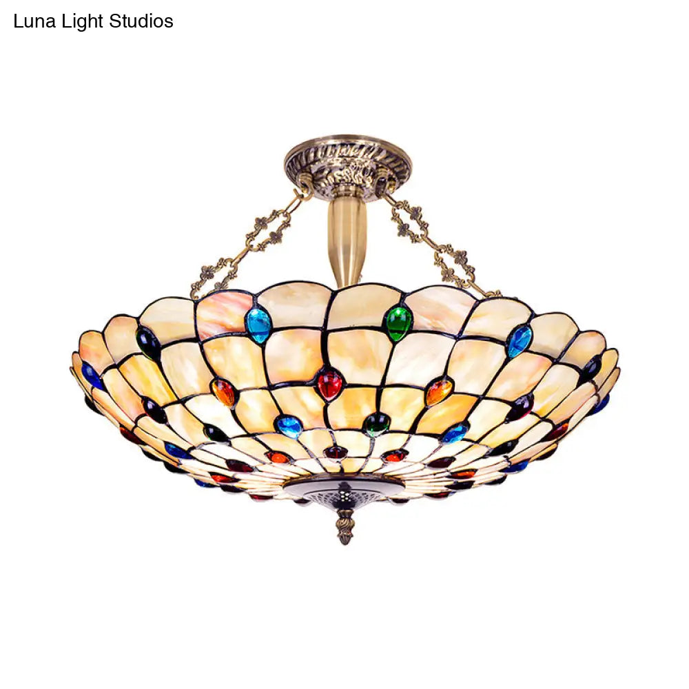 Vintage Stained Glass Ceiling Light With 4 Jewel Heads In Beige