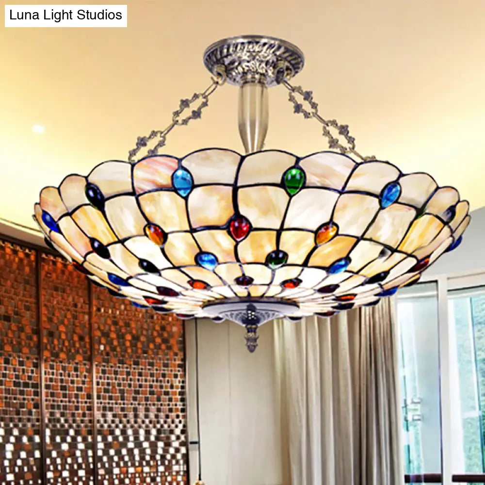 Vintage Stained Glass Ceiling Light With 4 Jewel Heads In Beige