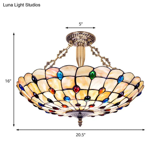 Stained Glass Vintage Bowl Ceiling Light With 4 Heads In Beige