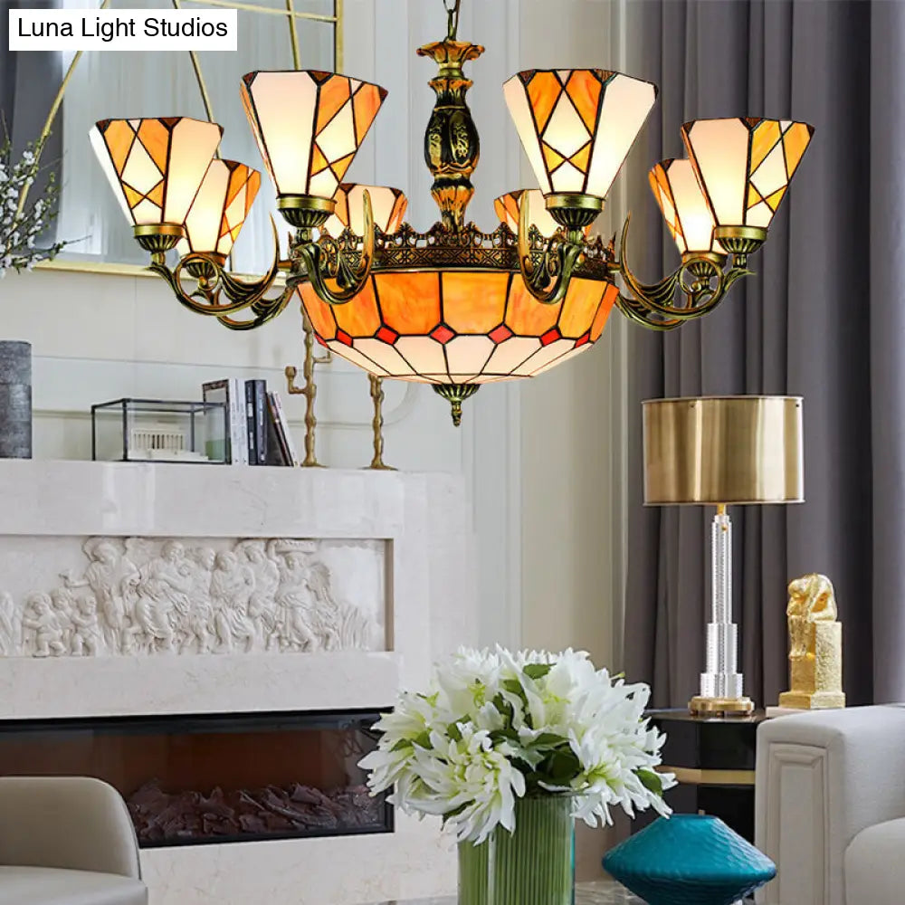 Stained Glass Vintage Chandelier With 11 Yellow Pendant Lights