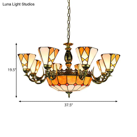 Stained Glass Vintage Chandelier With 11 Yellow Pendant Lights