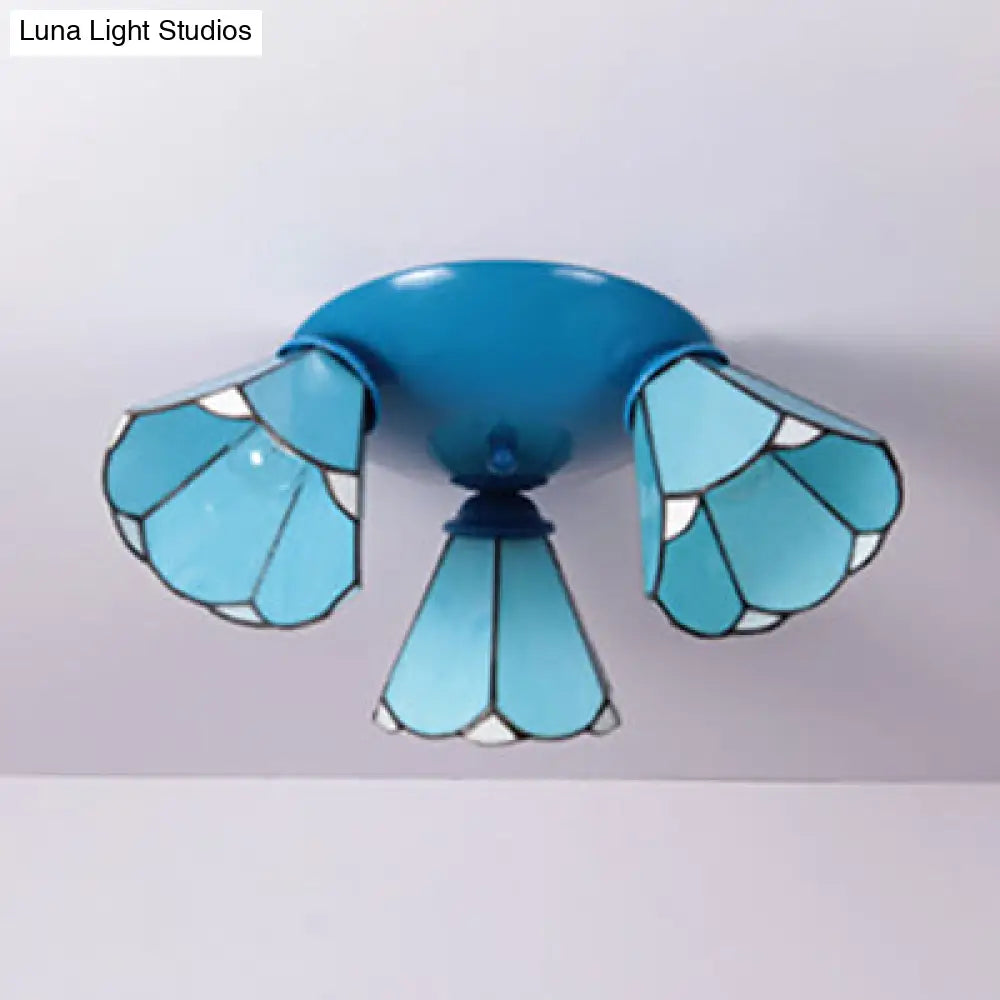 Vintage Stained Glass Conic Ceiling Light Fixture - 3-Light Design In White/Blue/Beige For Bedroom