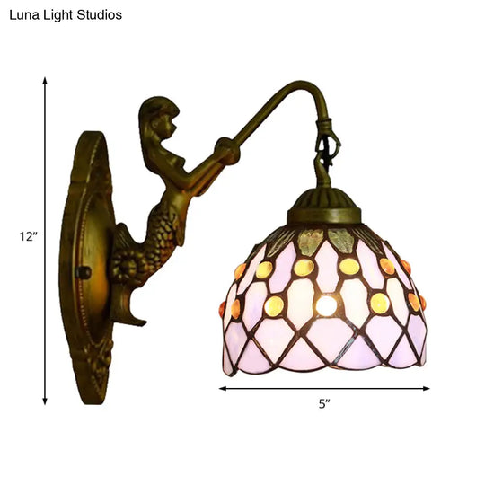 Vintage Stained Glass Dome Wall Mount Mini Sconce Light In Brass