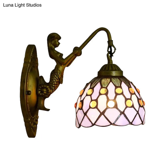 Vintage Stained Glass Dome Wall Mount Mini Sconce Light In Brass