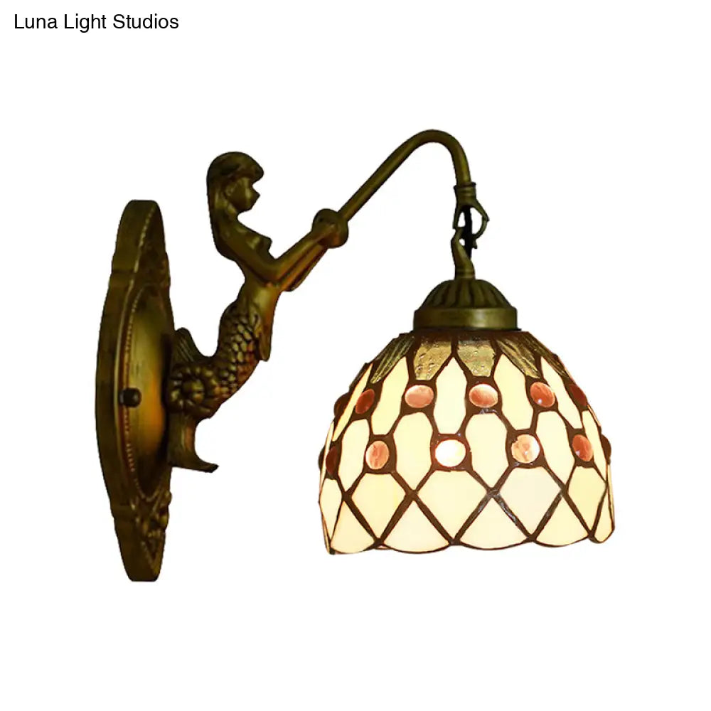 Vintage Stained Glass Dome Wall Mount Mini Sconce Light In Brass