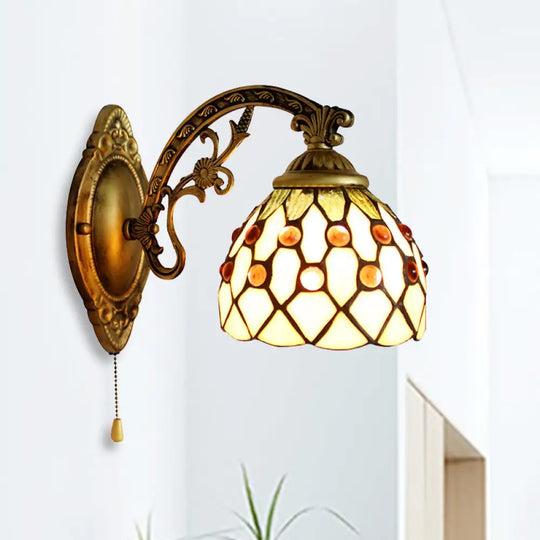 Vintage Stained Glass Dome Wall Mount Mini Sconce Light In Brass Yellow / Arc