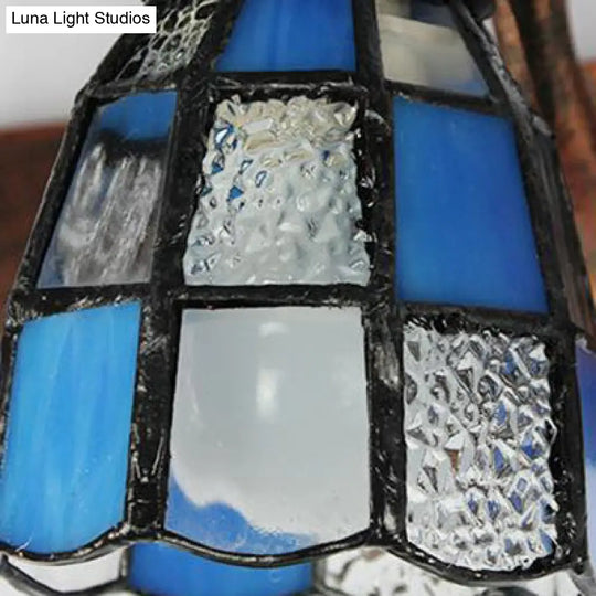 Vintage Stained Glass Dome Wall Sconce With Square/Blue Square Pattern 3 Lights Copper/Antique