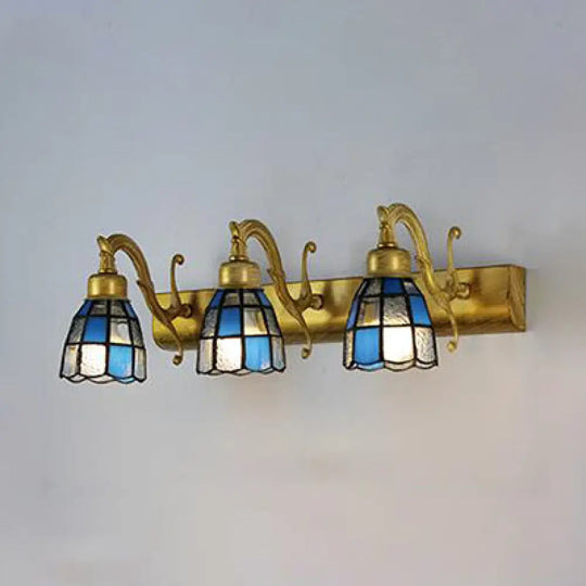 Vintage Stained Glass Dome Wall Sconce With Square/Blue Square Pattern 3 Lights Copper/Antique