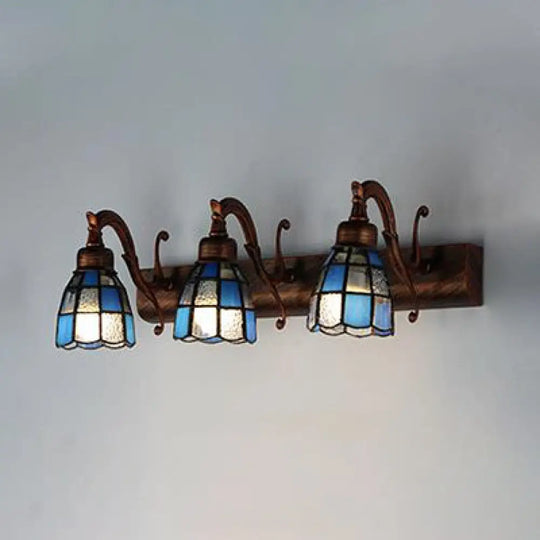 Vintage Stained Glass Dome Wall Sconce With Square/Blue Square Pattern 3 Lights Copper/Antique