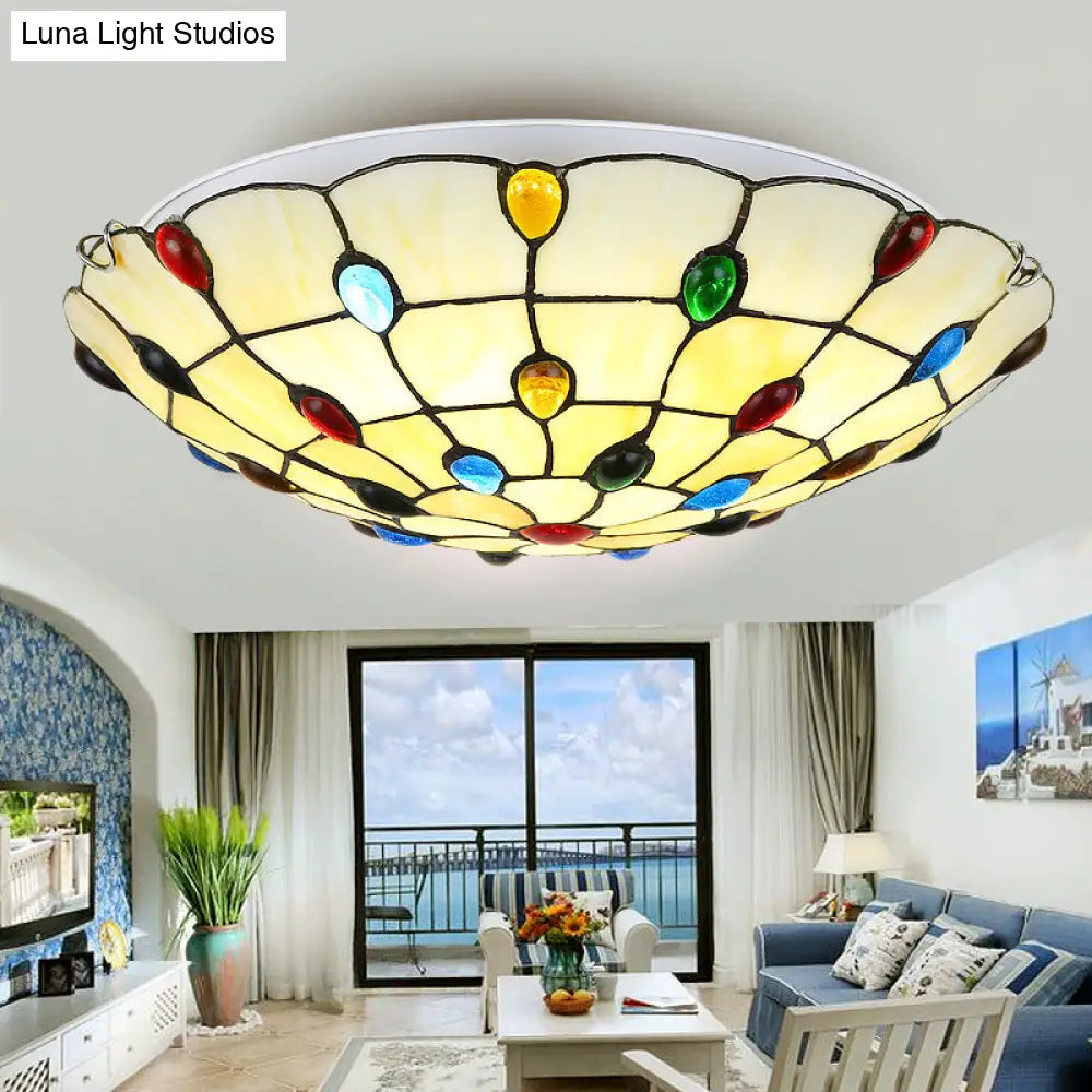 Vintage Stained Glass Flush Mount Ceiling Light - Beige Bowl Multiple Sizes Ideal For Living Room /
