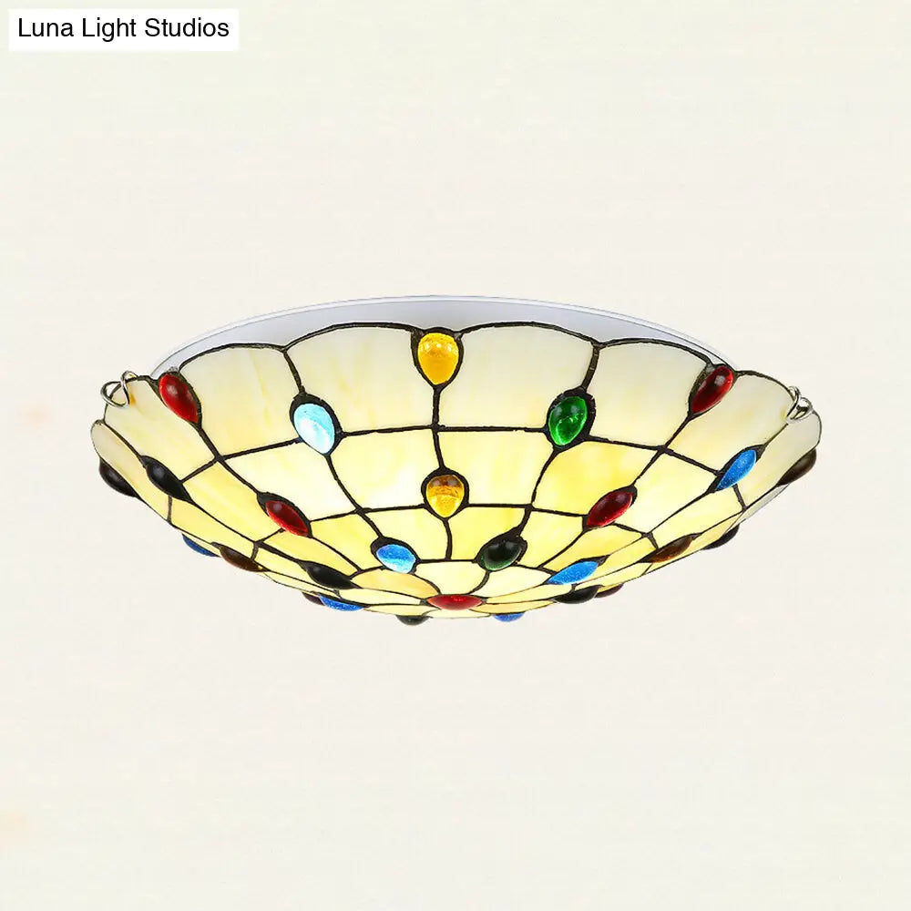Vintage Stained Glass Flush Mount Ceiling Light - Beige Bowl Multiple Sizes Ideal For Living Room