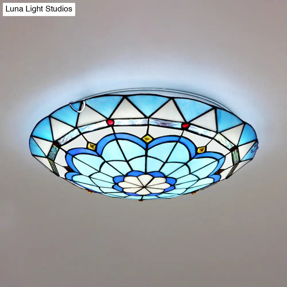 Vintage Stained Glass Flush Mount Ceiling Light In Blue - 12’/16’ Bowl Shape