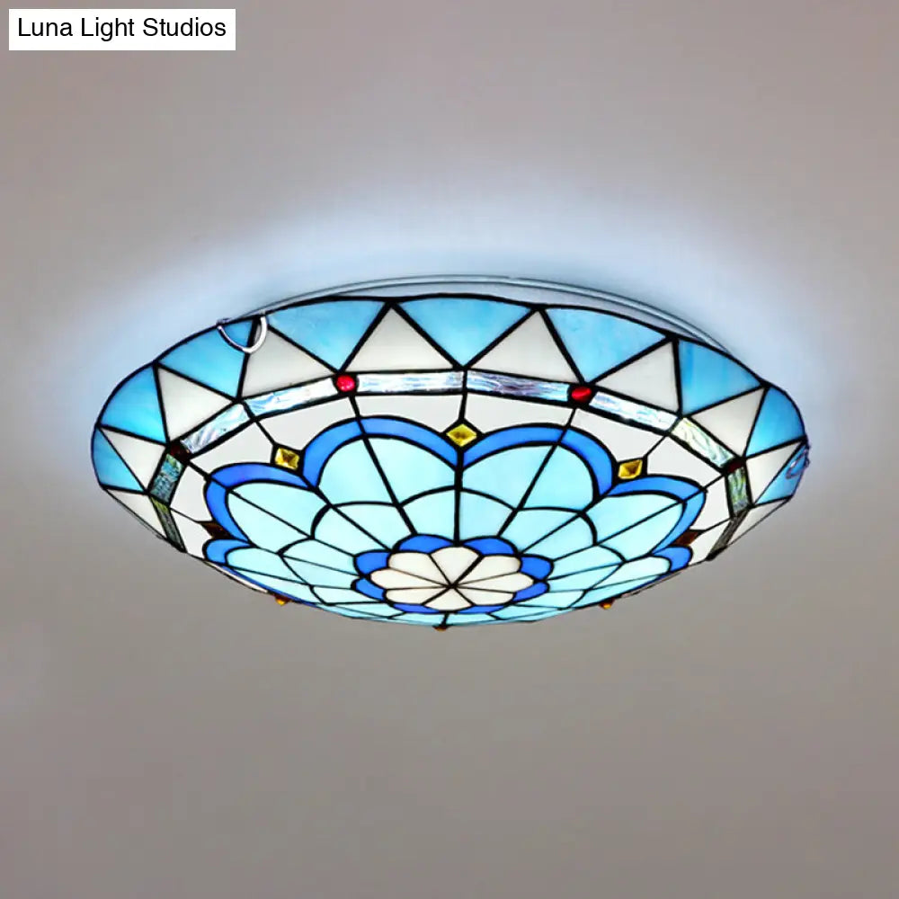 Vintage Stained Glass Flush Mount Ceiling Light In Blue - 12/16 Bowl Shape