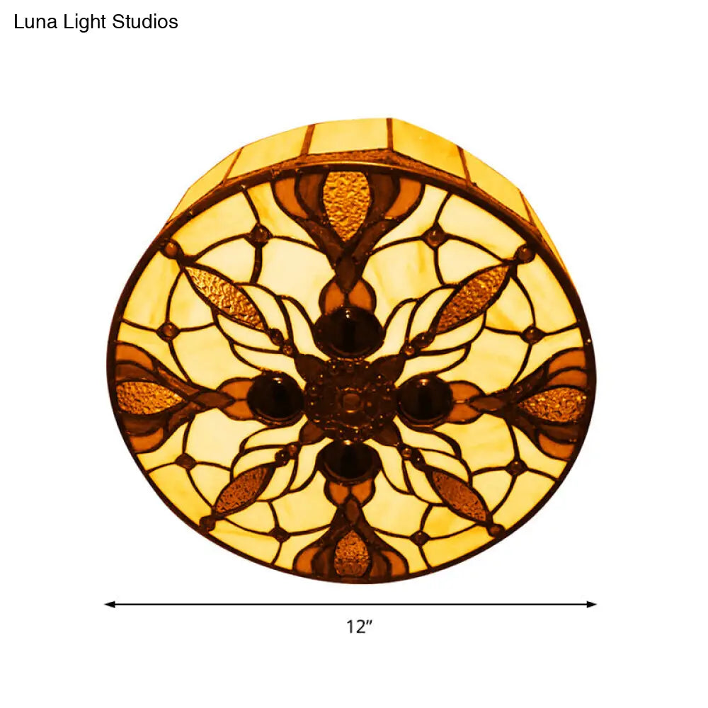 Vintage Stained Glass Flushmount Ceiling Light With Peacock Tail Pattern In Beige - 2 Lights