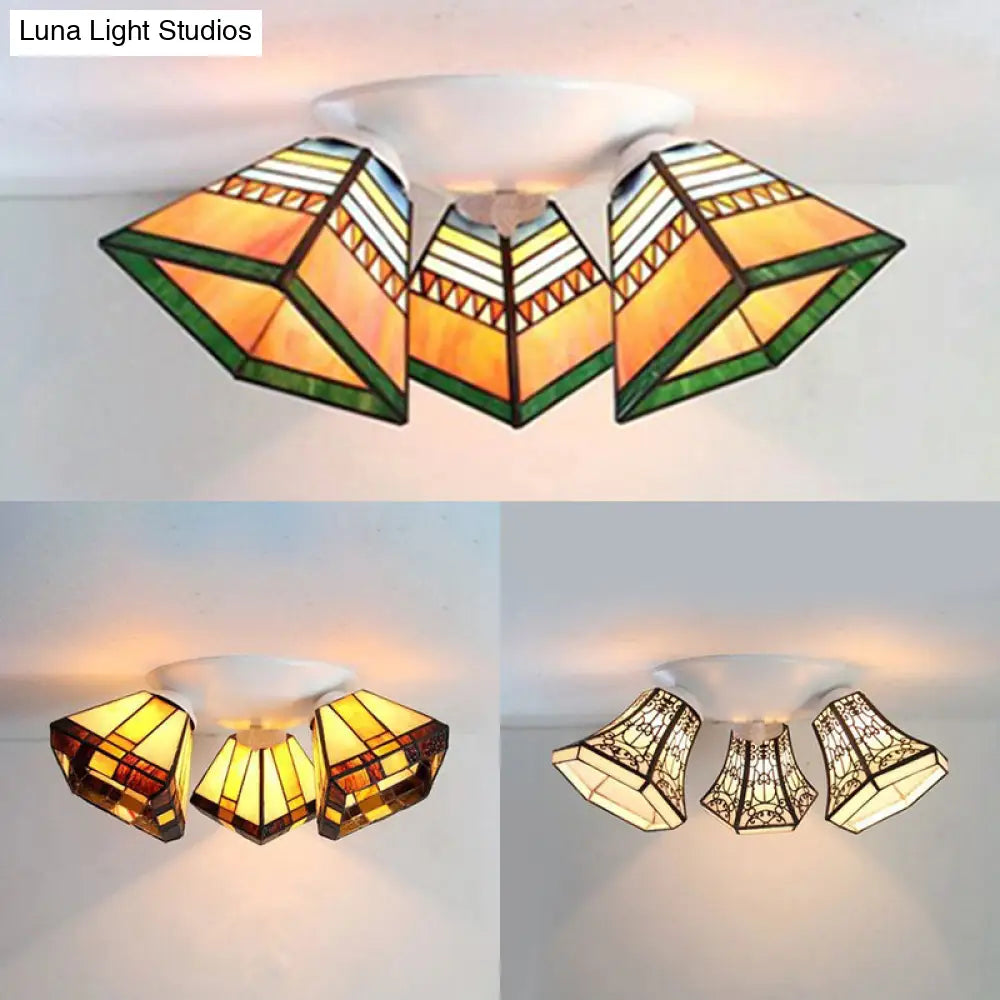 Vintage Stained Glass Geometric Ceiling Light With Wire Mesh Stripes & Pattern - 3-Light Flushmount