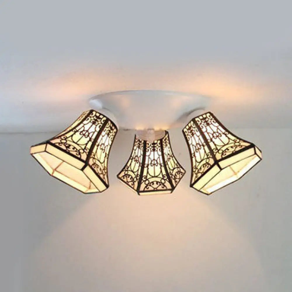 Vintage Stained Glass Geometric Ceiling Light With Wire Mesh Stripes & Pattern - 3-Light Flushmount