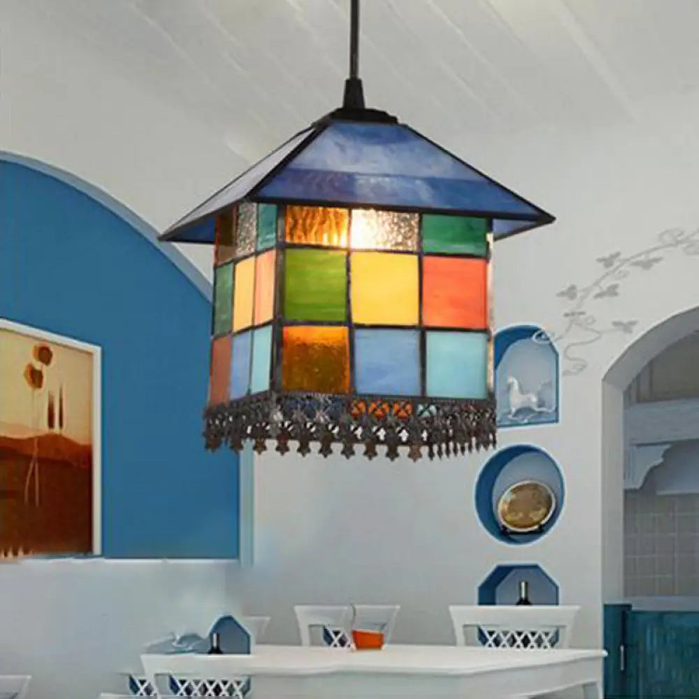 Vintage Stained Glass House Shade Pendant Ceiling Light With 1-Light Suspension Blue